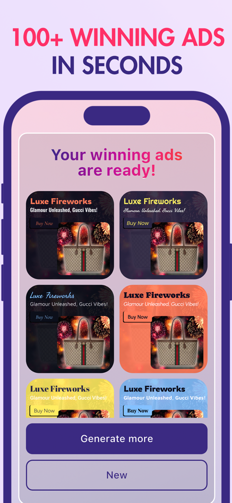 Mobile app interface showing a grid of AI generated social media ads for a luxury brand.