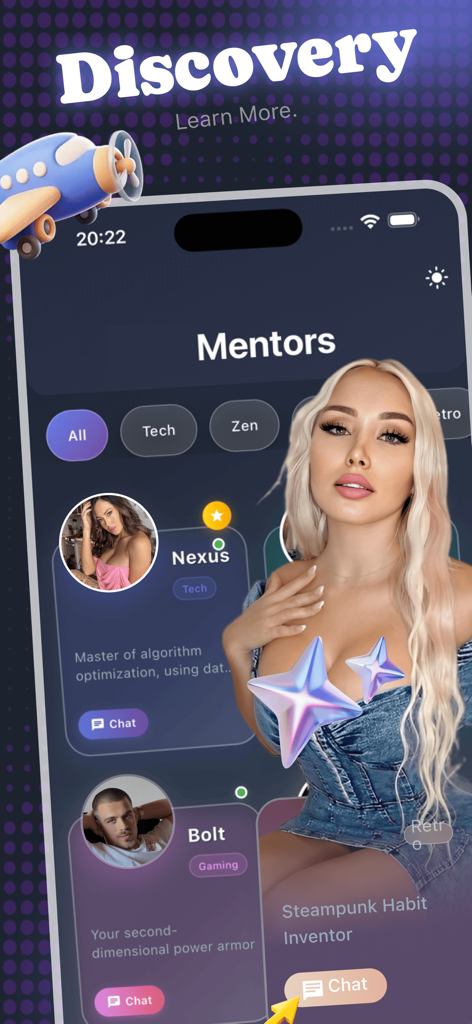 Haviq app discovery screen showing AI mentors with chat buttons and category filters