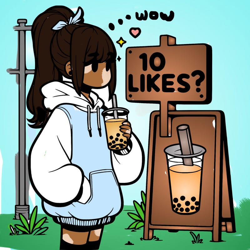 girl with oversized hoodie drinking boba and she has a high ponytail with a sign that says 10likes?