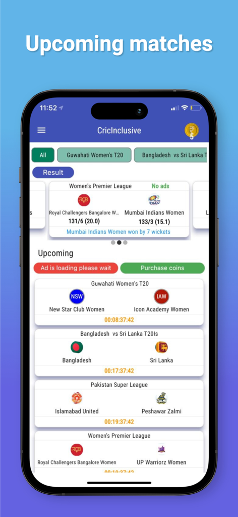 CricInclusive - CricInclusive mobile app interface showing upcoming cricket matches and recent game results for fantasy team planning