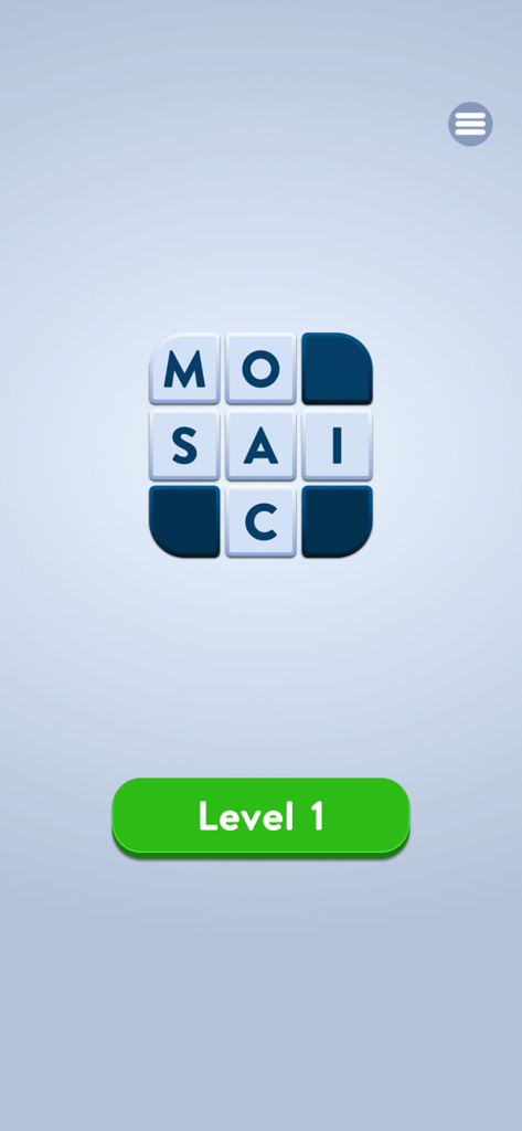 Word Mosaic - Word Mosaic mobile puzzle game start screen for level 1 showing letter tiles in a grid