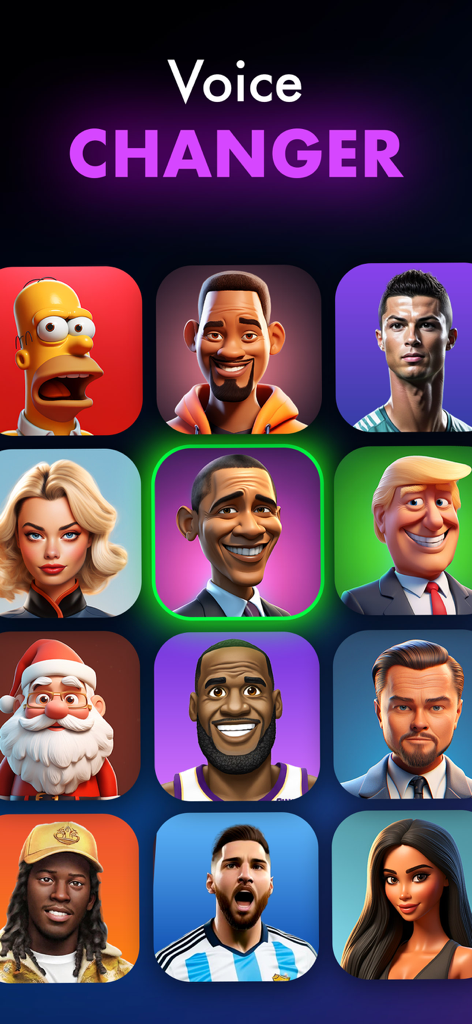 T2S - Voice Changer - Una cuadrícula de avatares de celebridades famosas y personajes de dibujos animados para la selección de voz IA en la aplicación T2S