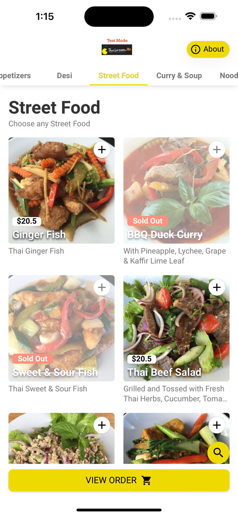 Online Ordering Wrapper - Schermata del menu di un ristorante tailandese in un'app mobile che mostra vari piatti di street food e prezzi
