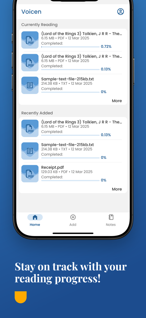 Voicen AI: Text to Speech - Interface of the Voicen AI app showing a list of documents with tracked reading progress bars