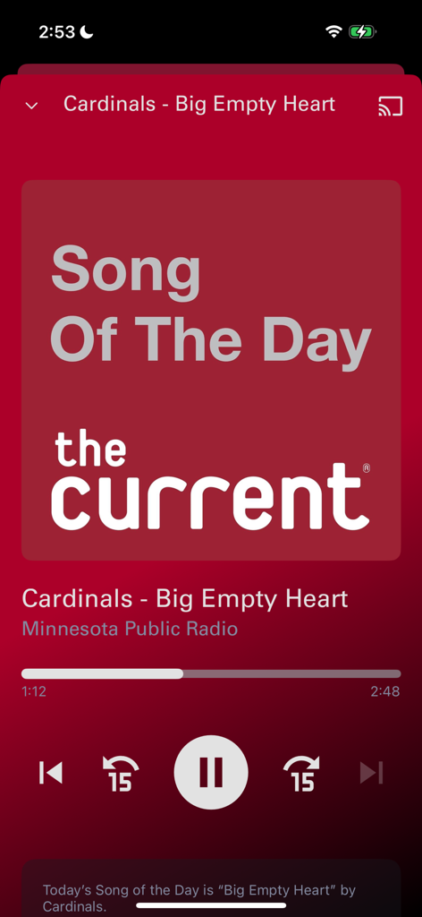 The Current Music - Pantalla del reproductor de la aplicación The Current Music con la Canción del Día de los Cardinals