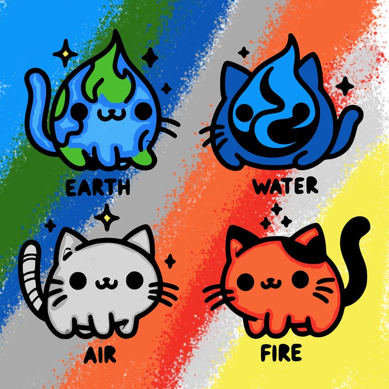 4 cats that represent the different elements, earth, water, air, and fire