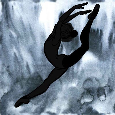 gymnast doing a leap in a leotard with a bent back leg