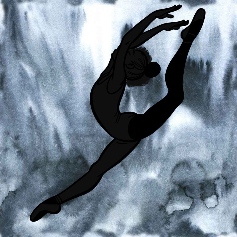 gymnast doing a leap in a leotard with a bent back leg