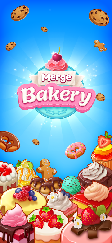 Merge Bakery - Merge Bakery game logo surrounded by a colorful variety of illustrated cakes and pastries