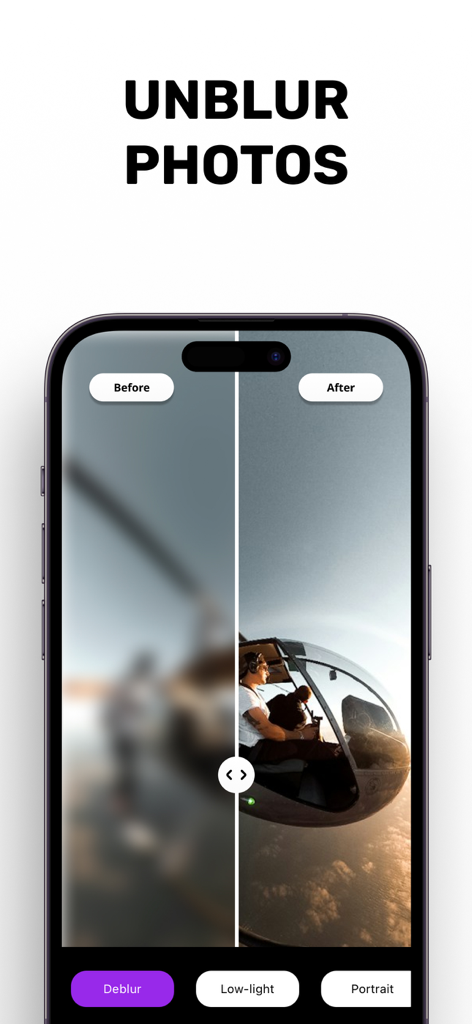 Comparación del antes y después de una foto borrosa de un helicóptero que se aclara con Goru AI