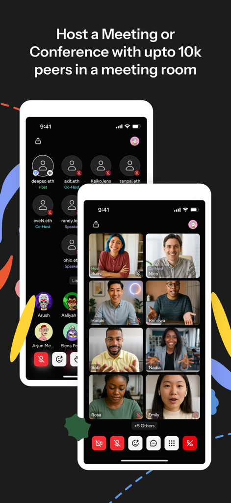 Huddle01 app interface showing a large group video conference and list of audio space participants