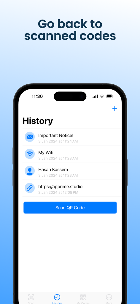 QR Maker & Scan: QR Code Suite - History screen of the QR Code Suite app showing a list of previously scanned and generated QR codes.