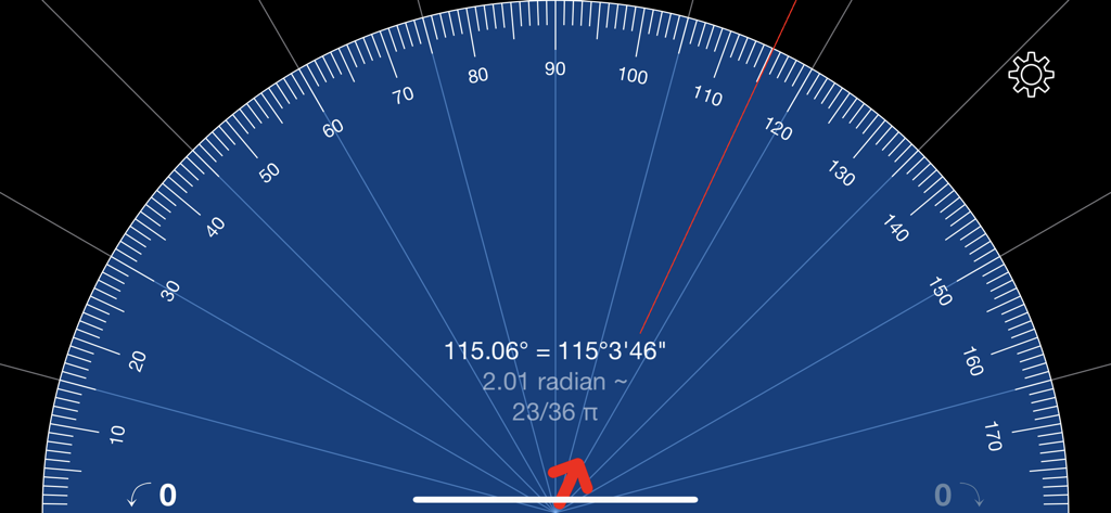 Digital protractor interface in the Rul3r app showing a measurement of 115.06 degrees.