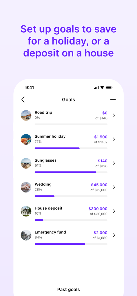 Frollo - Feel good about money - Frollo app interface showing a list of saving goals like house deposit and emergency fund with visual progress bars