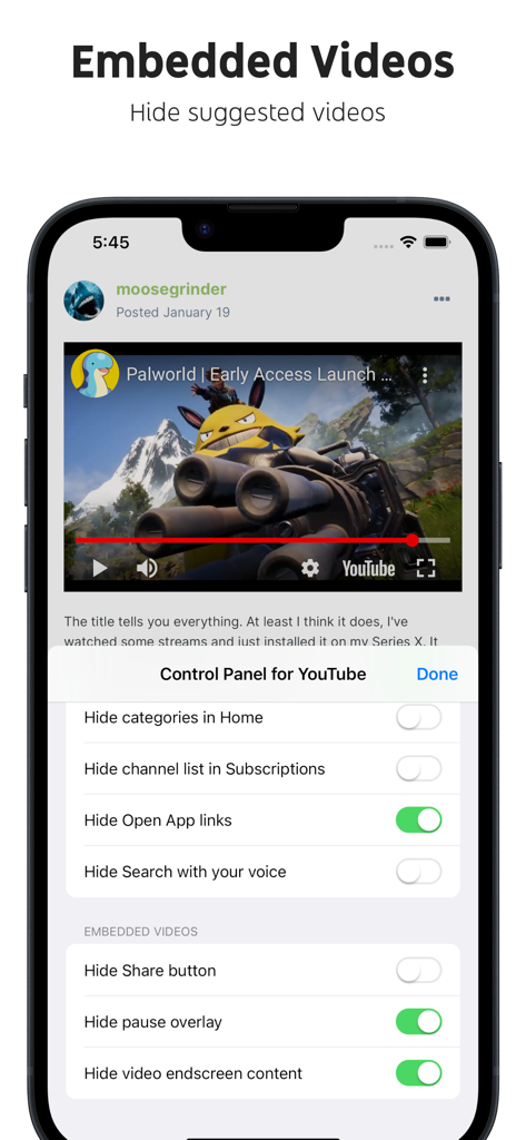 Control Panel for YouTube settings interface on iPhone for customizing embedded video elements
