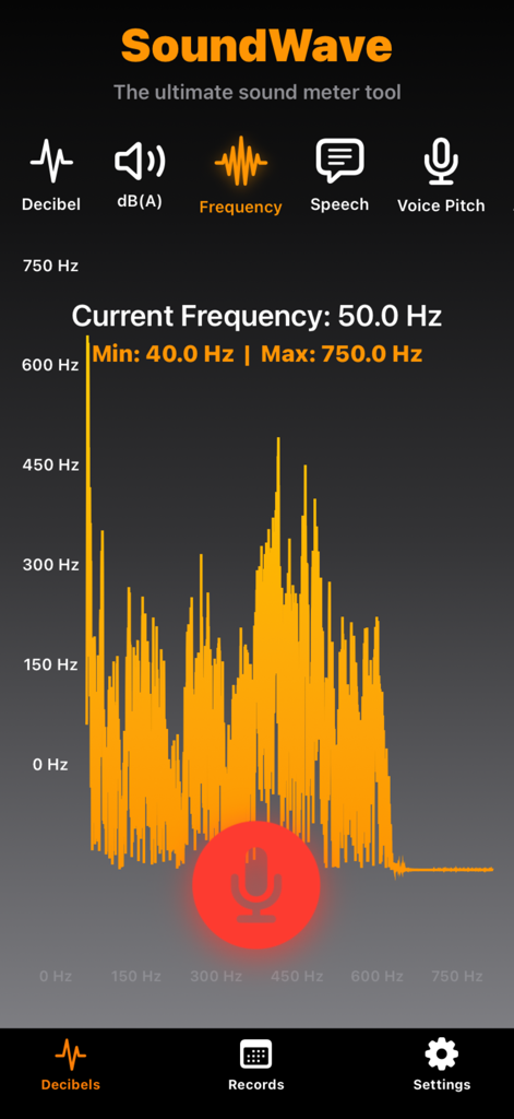 SoundWavesDetector - SoundWavesDetector app interface showing a real-time frequency analysis graph with Hertz measurements