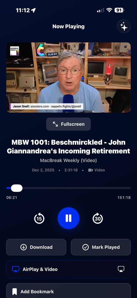 Now Playing screen of the Modcast app showing a video podcast with controls for bookmarks and AirPlay.