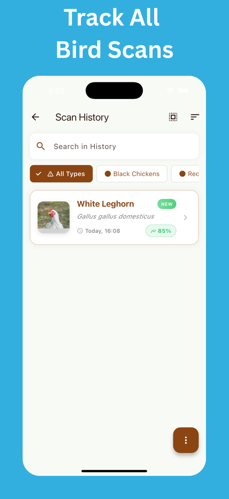 Chicken Identifier: AI Scan - The history screen of the Chicken Identifier app showing a list of identified birds including a White Leghorn.