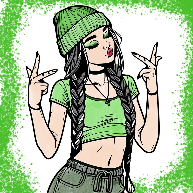 realistic teenage girl with braids and a beanie and crop top doing 🫶🏼