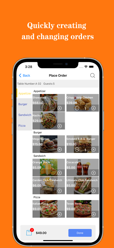 Interface do aplicativo RestPOS mostrando um menu móvel para criar e gerenciar rapidamente pedidos de clientes