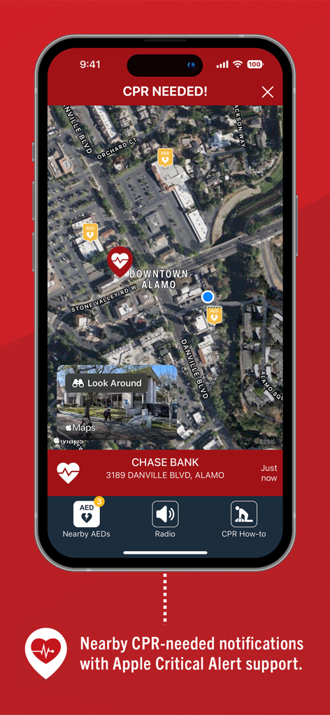 PulsePoint Respond - PulsePoint Respond app displaying a CPR needed notification and emergency map with nearby AED locations.