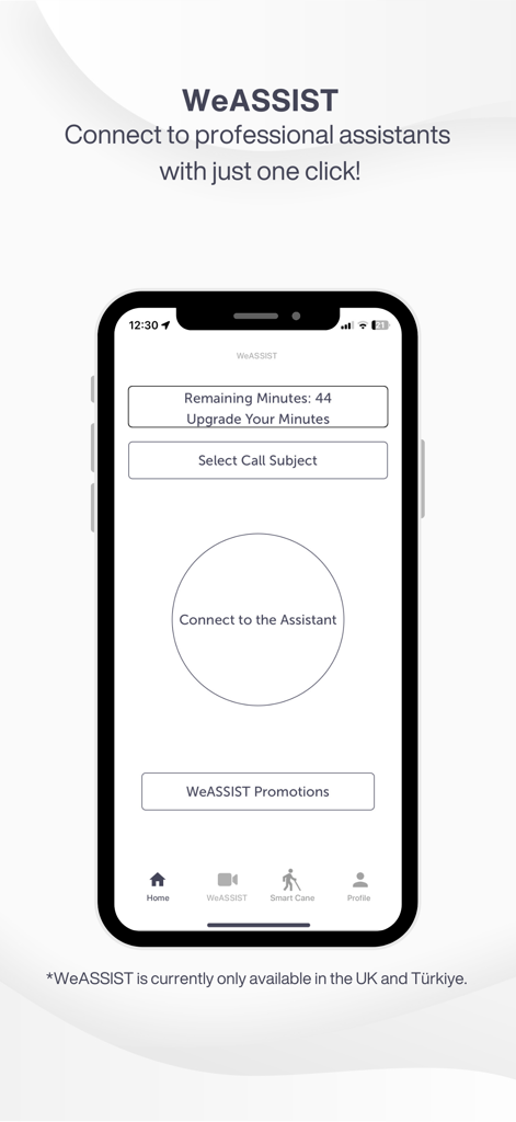 Interface do aplicativo WeWALK mostrando o recurso WeASSIST para conexão com assistentes visuais profissionais.