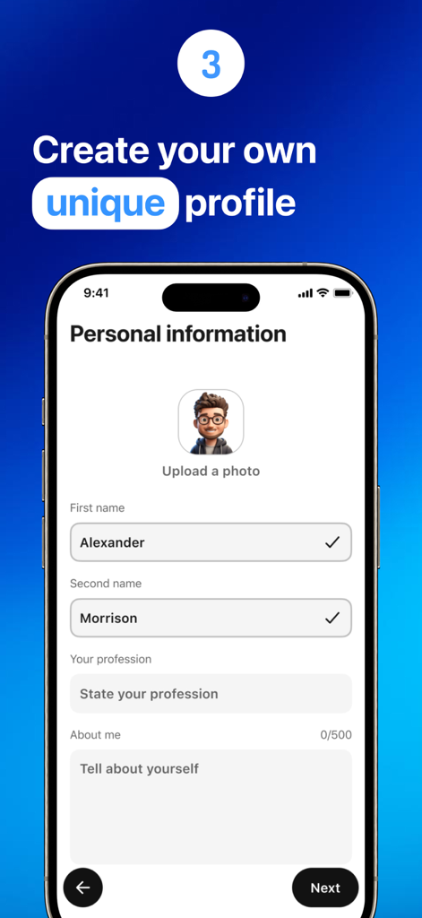 CV Maker & Resume Builder app - Una pantalla de aplicación móvil para ingresar información personal como nombre y foto para crear un perfil de currículum único.