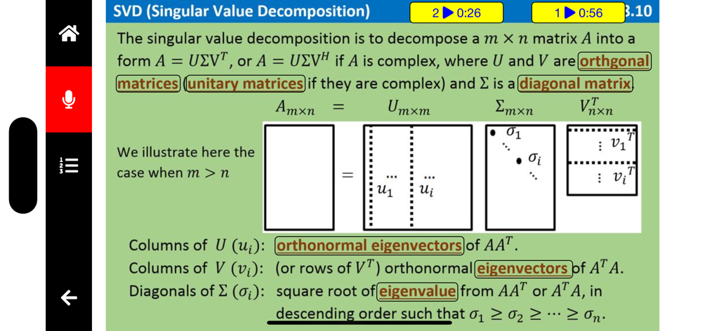 Linear Algebra QCard - Eine Karteikarte in der Lineare Algebra QCard App, die die Singulärwertzerlegung mit Formeln und Matrixdiagrammen erklärt