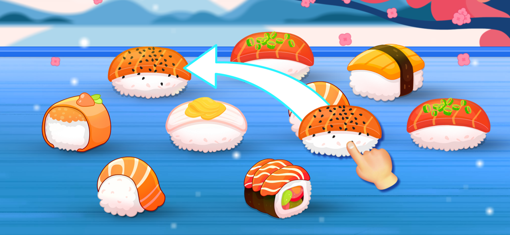 Sushi Maker—Kids Cooking Games - Cartoon hand matching colorful sushi pieces in a kids cooking game