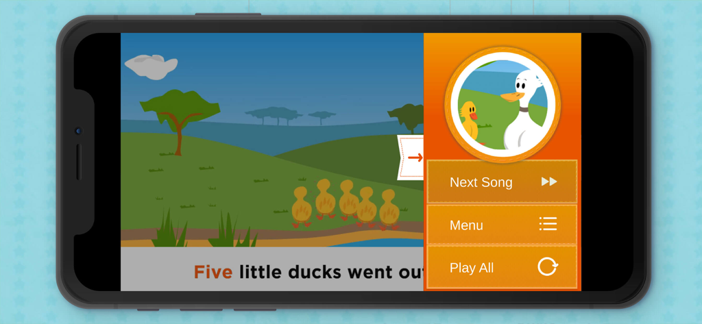 Interfaz de karaoke animada para la canción infantil 'Five Little Ducks' en la aplicación Karaoke para Bebés.
