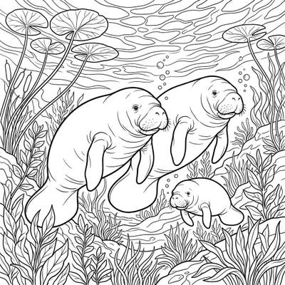 Explore the peaceful underwater world of manatees with this captivating coloring page. Featuring a family of gentle manatees in their natural spring habitat, it's perfect for a relaxing artistic escape.