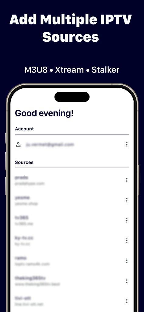 IPTV One Player - Interface of IPTV One Player showing a list of multiple IPTV sources and account management.
