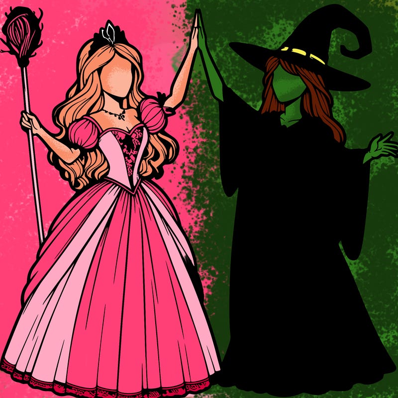 detailed realistic split of a princess and a witch