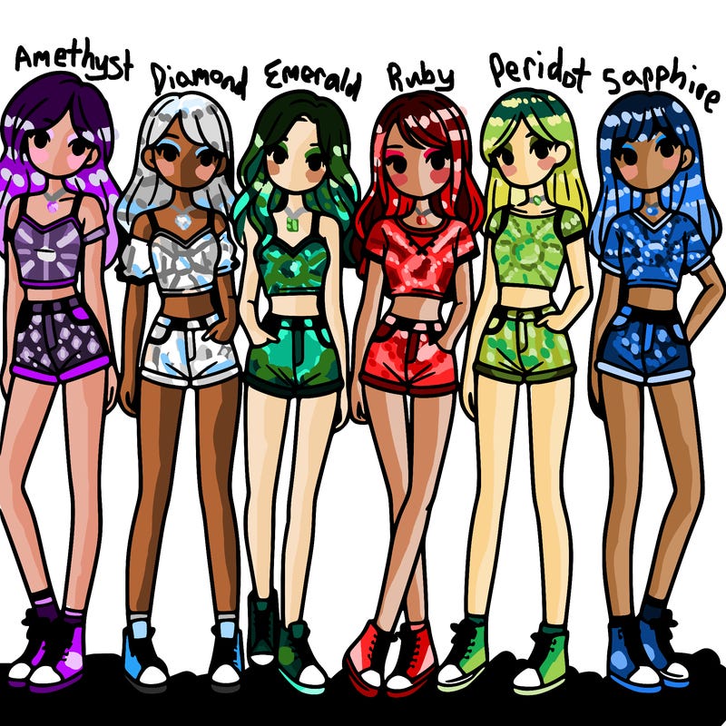 a group of girls wearing crop tops and shorts