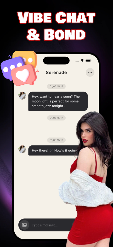 Saxin - A screenshot of the Saxin app showing a chat interface with an AI saxophone character named Serenade.