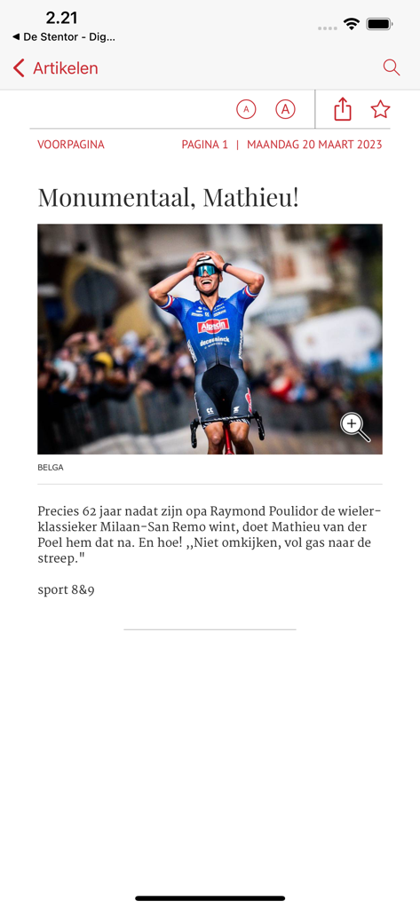 BN DeStem - Digitale krant - Sports article in the BN DeStem app featuring cyclist Mathieu van der Poel celebrating a victory