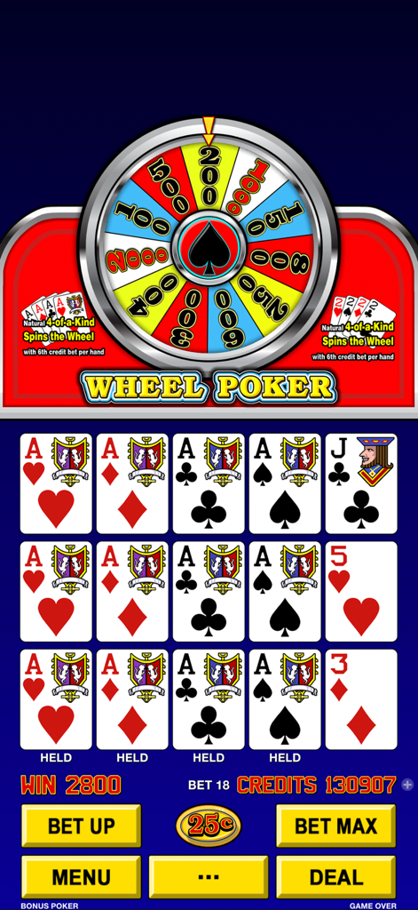 High Roller Video Poker - High Roller Video Poker mobile game showing Wheel Poker gameplay with a bonus prize wheel and four aces held in multiple hands