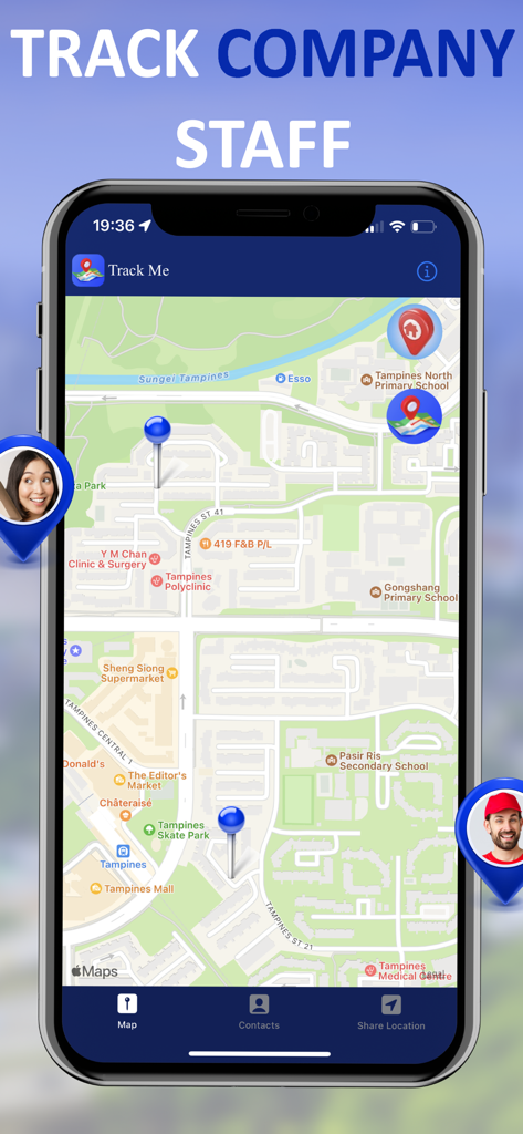Track Me - GPS Live Tracking - Track Me app interface showing real-time GPS location of company staff on a map