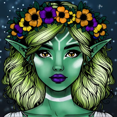 realistic female elf with flower crown