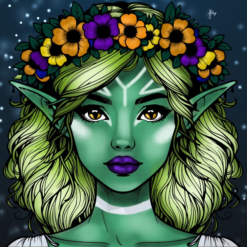 realistic female elf with flower crown