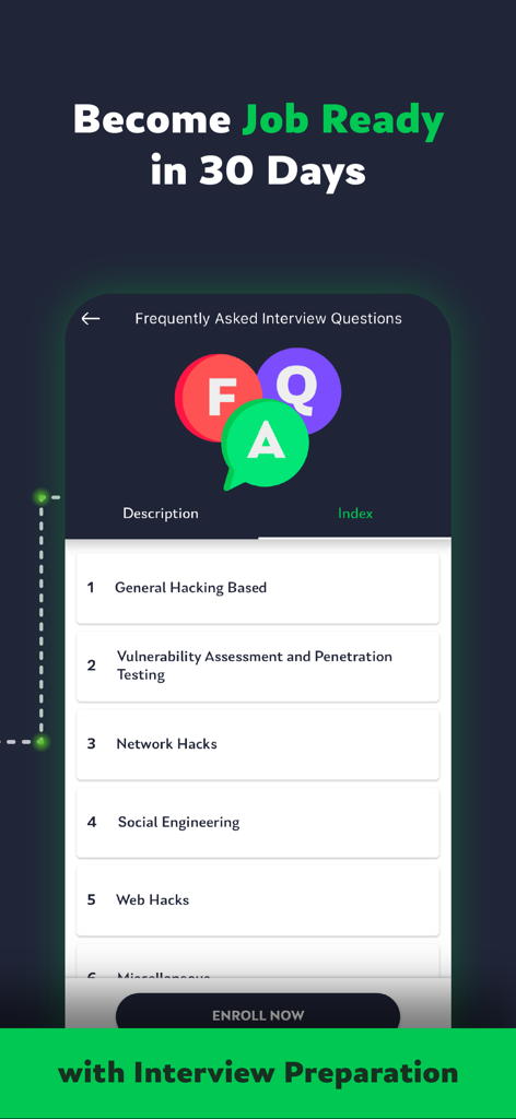 HackerX: Learn Ethical Hacking - HackerX app interface showing ethical hacking interview preparation questions and job readiness categories