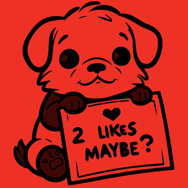 a puppy holding a sign that says 2 likes maybe?