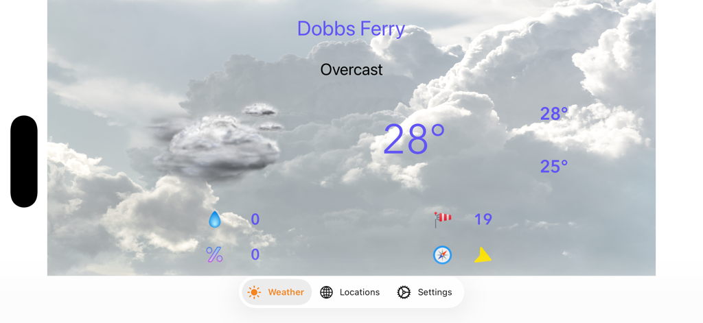 La interfaz de la aplicación Planet Weather en modo horizontal que muestra el clima nublado para Dobbs Ferry.