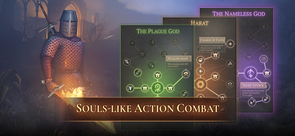 Jugabilidad de Grim Soul mostrando combate de acción estilo Souls y árboles de habilidades de personaje para diferentes dioses.