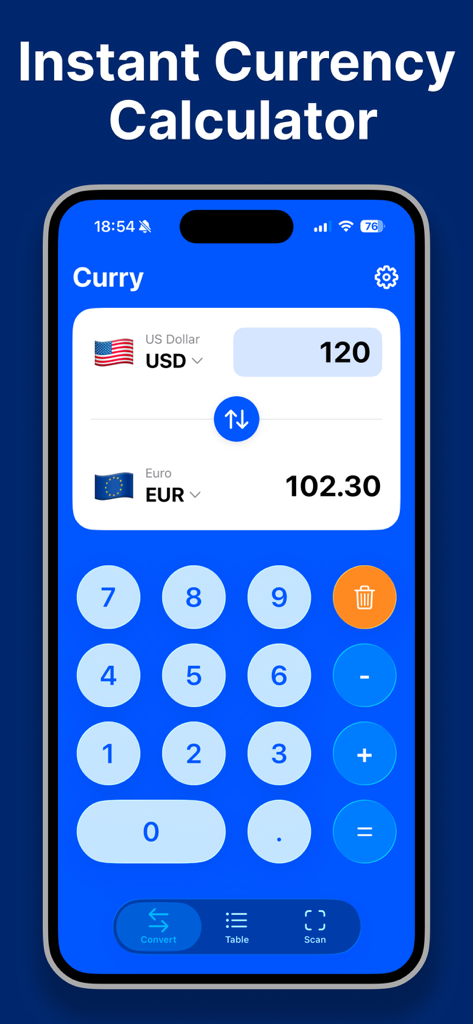 Currency Converter - Curry - Instant currency calculator screen showing conversion from USD to EUR