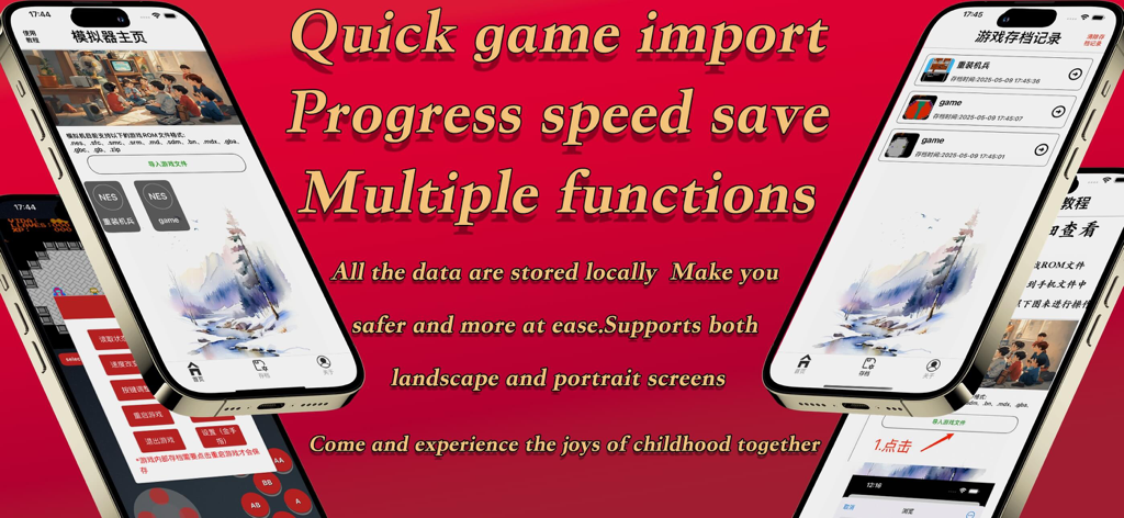 Interfaccia dell'app NES Game Emulator SFC AllInOne che mostra l'elenco dei giochi e i record di salvataggio su iPhone.