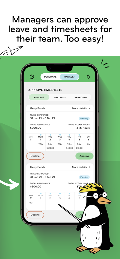 Smartly - Smartly app manager dashboard showing employee timesheets pending approval.