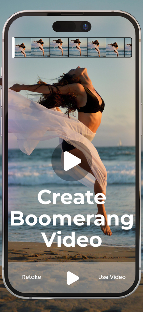 Interface do Boomerang Video Maker mostrando uma prévia de uma mulher pulando na praia para criar um vídeo em loop.