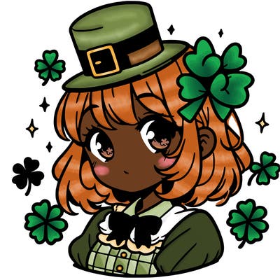 a manga-style girl with clovers around her, a little hat in her hair, like it's saint patrick's day