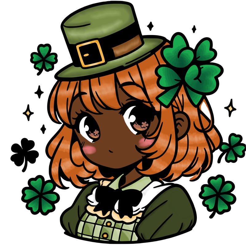 a manga-style girl with clovers around her, a little hat in her hair, like it's saint patrick's day